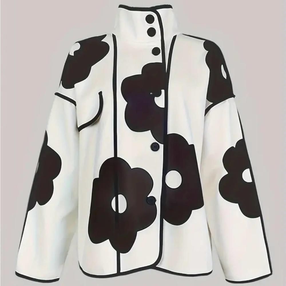 KOOPROS Black and White Floral Patterned Boxy Jacket